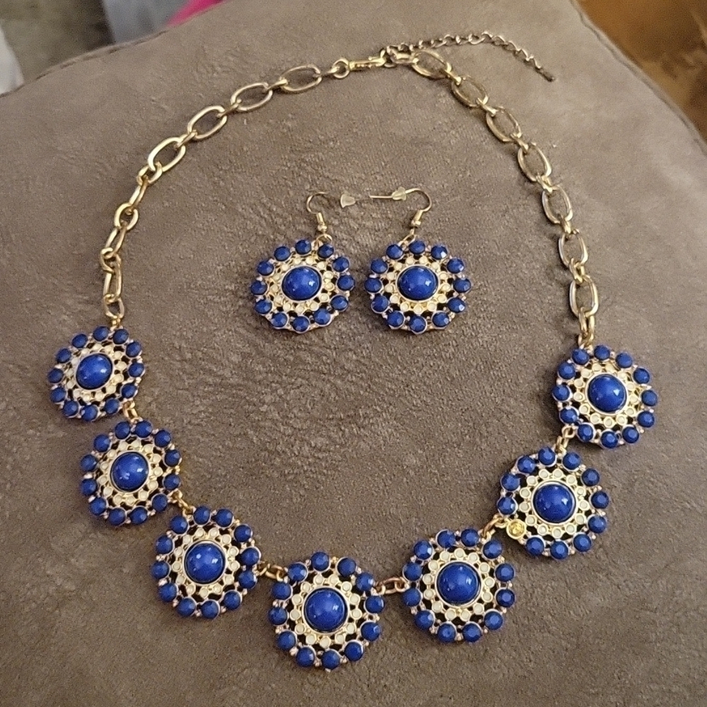 VTG Y2k Royal Blue Floral Chain Necklace Earrings Set - Picture 2 of 12